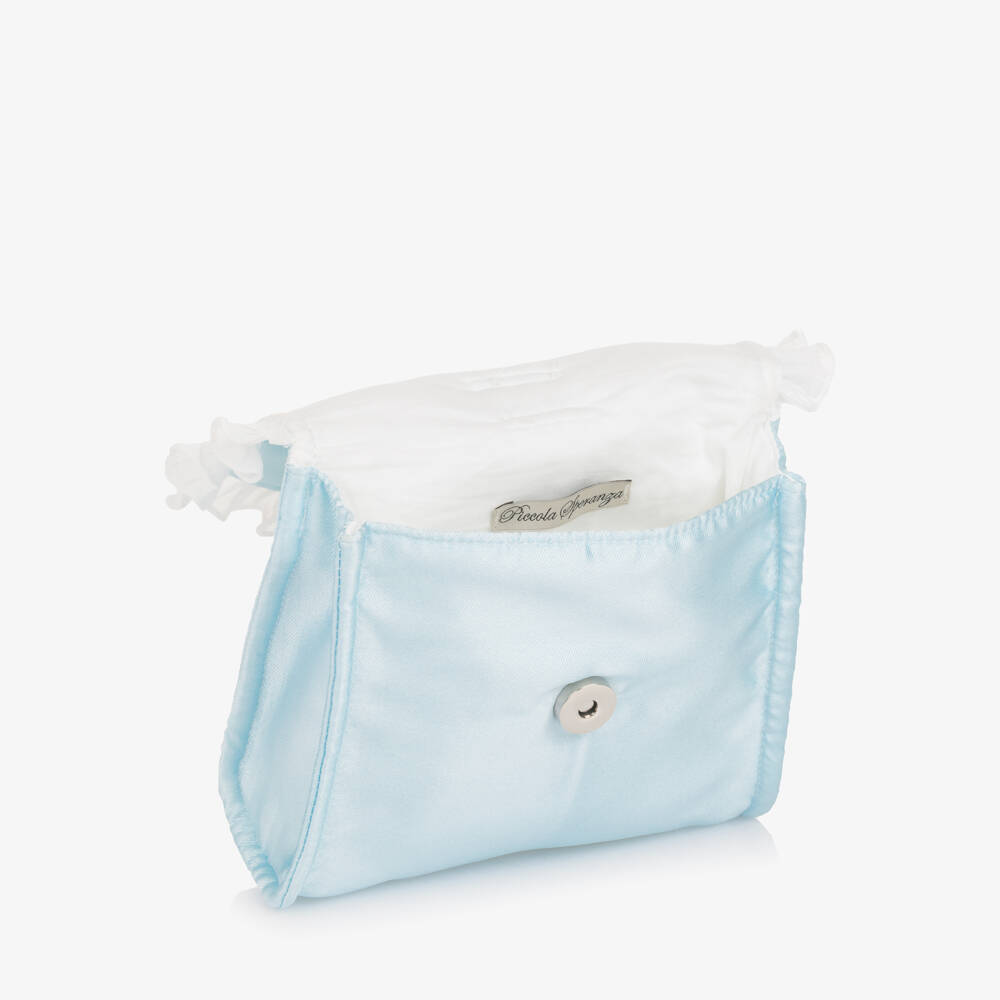 Piccola Speranza-Girls Pale Blue Satin Handbag with Rose Print (16cm) | Childrensalon