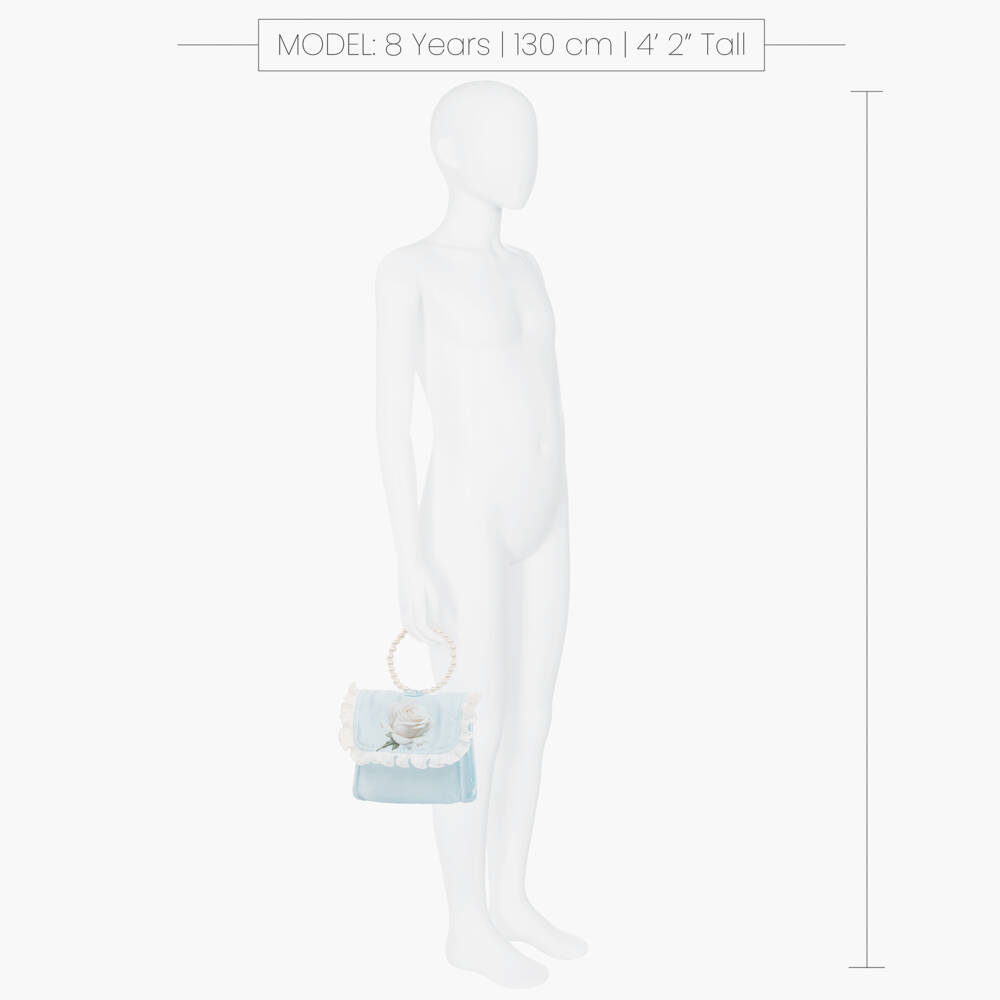 Piccola Speranza-Girls Pale Blue Satin Handbag with Rose Print (16cm) | Childrensalon