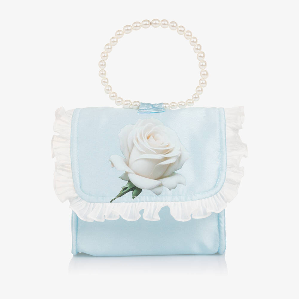 Piccola Speranza-Girls Pale Blue Satin Handbag with Rose Print (16cm) | Childrensalon