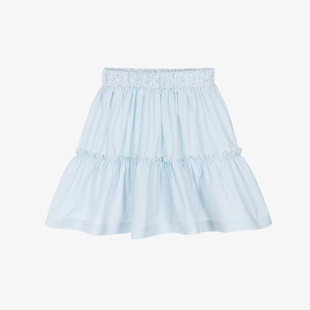 Piccola Speranza-Girls Pale Blue & White Stripe Cotton Skirt | Childrensalon