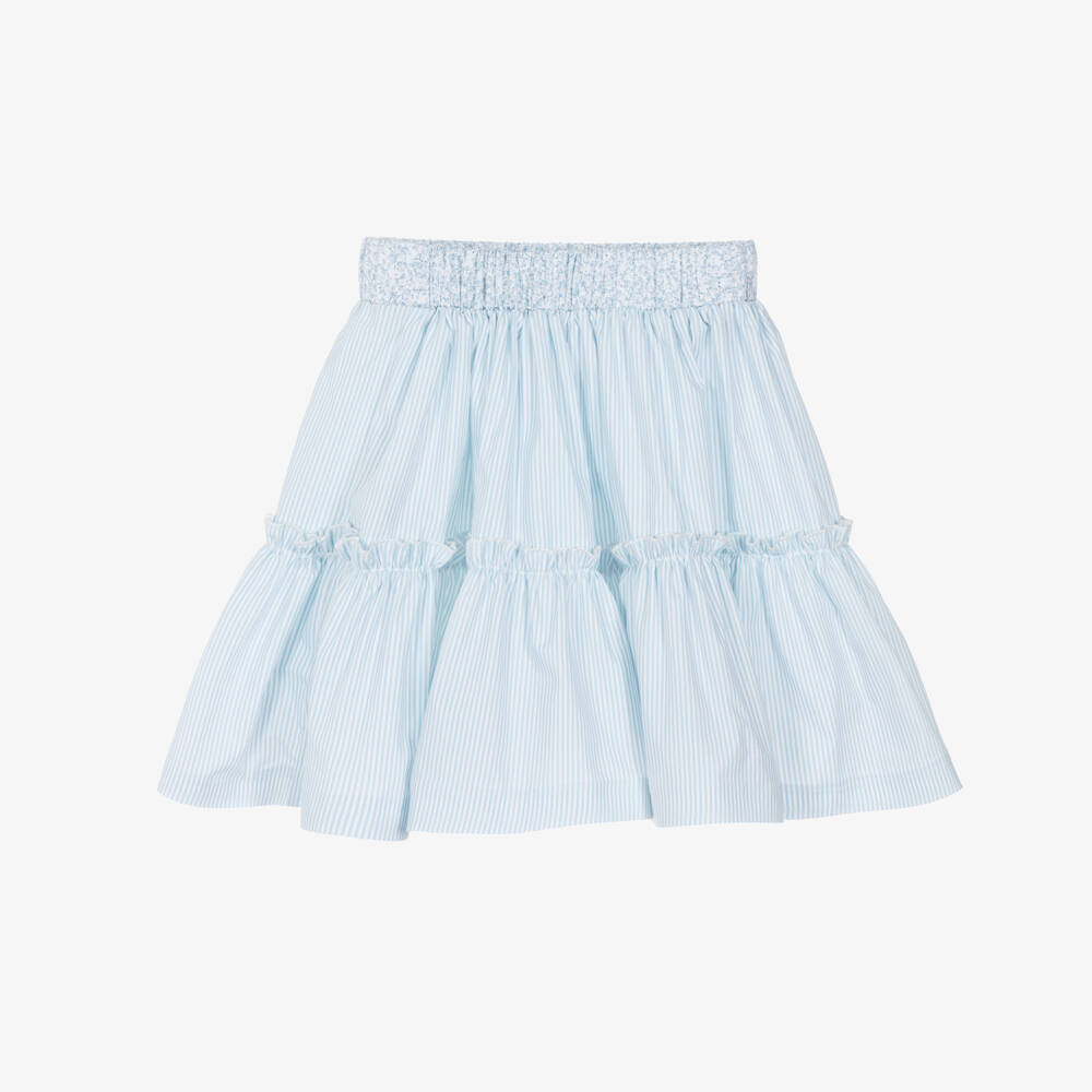 Piccola Speranza-Girls Pale Blue & White Stripe Cotton Skirt | Childrensalon
