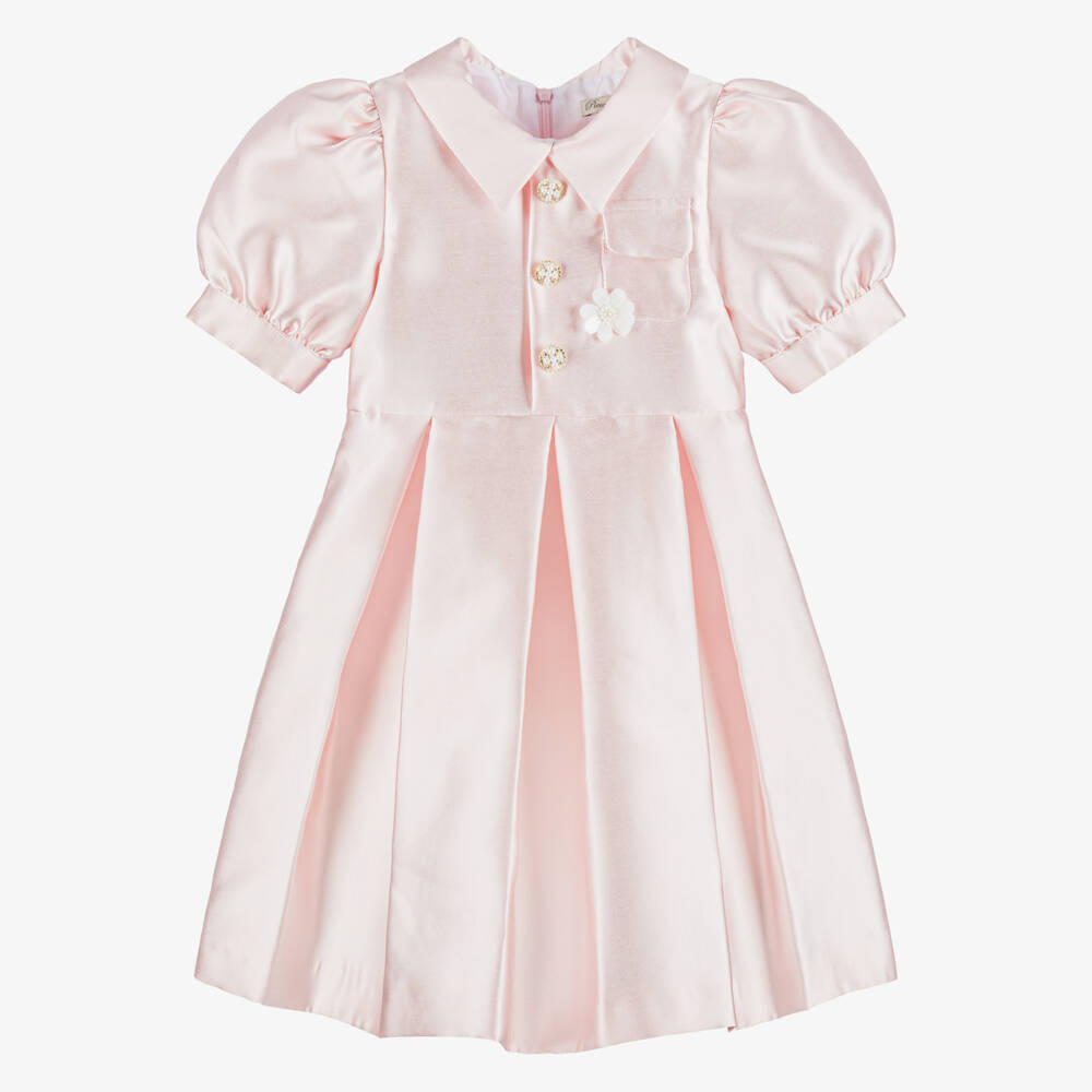 Piccola Speranza-Girls Pale Pink Satin Dress with Puffed Sleeves & Box Pleats | Childrensalon
