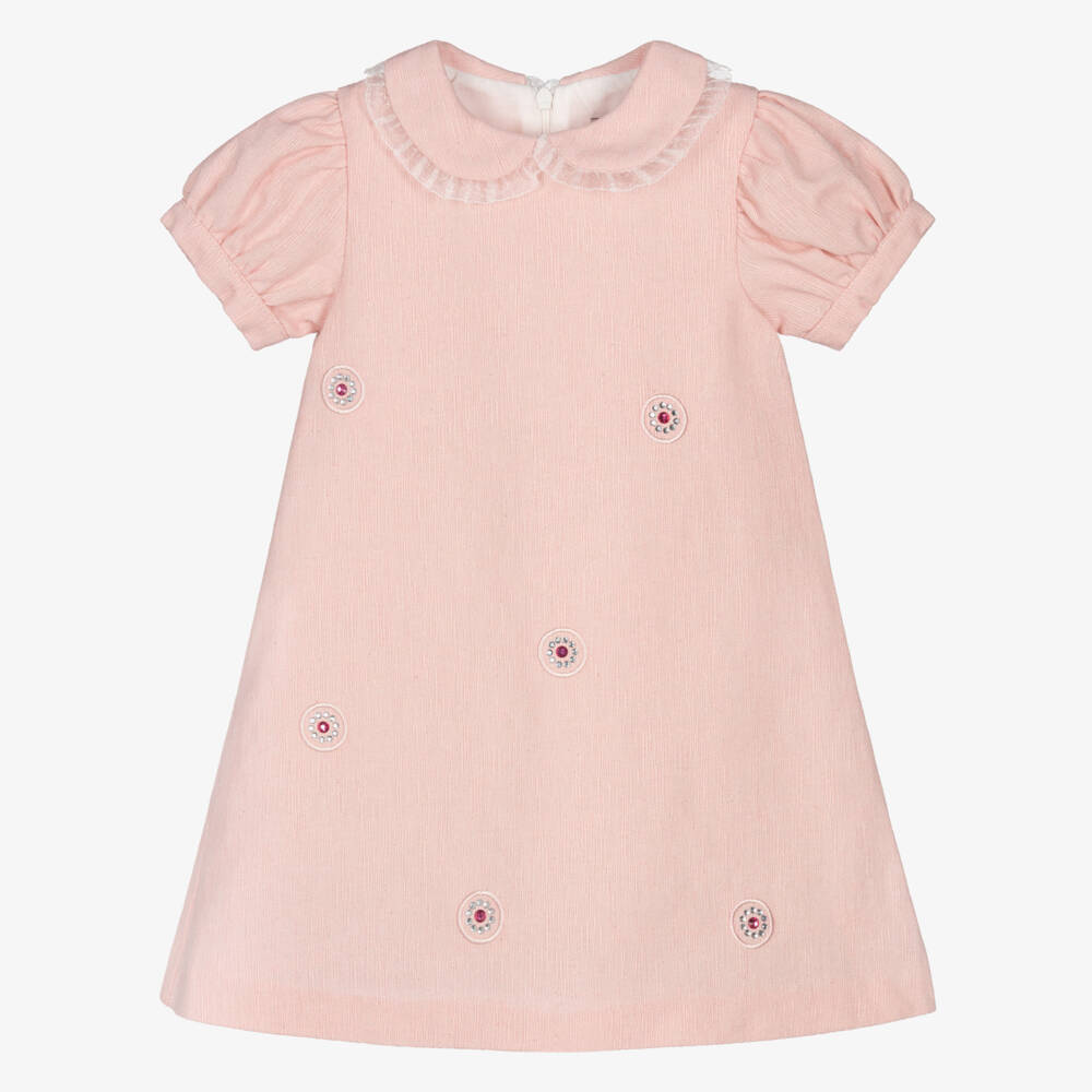 Piccola Speranza-Girls Pale Pink Textured Dress with Diamanté Flowers | Childrensalon
