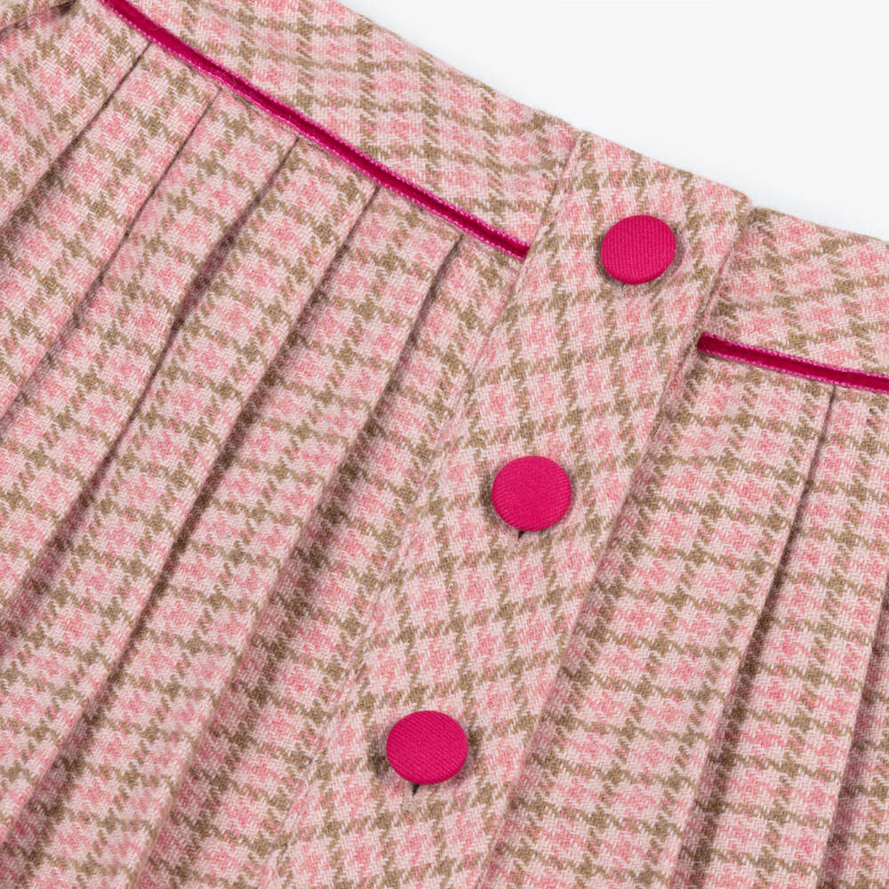 Piccola Speranza-Girls Pink & Beige Wool Houndstooth Pattern Skirt | Childrensalon