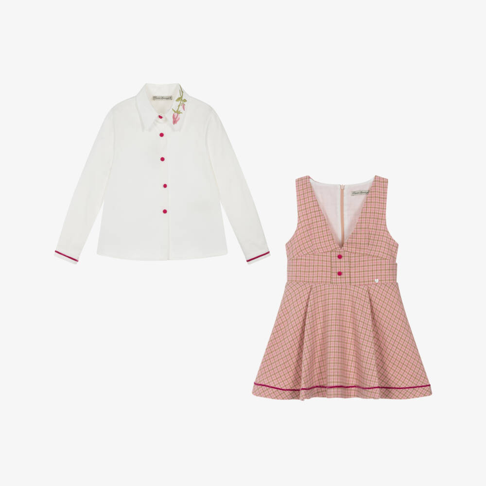 Piccola Speranza-Girls Pink Check Pinafore Dress & Blouse Set | Childrensalon