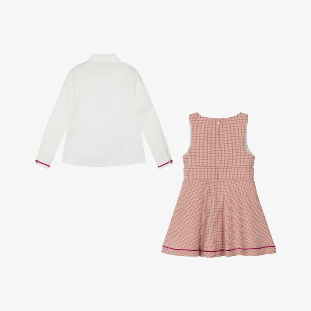 Piccola Speranza-Girls Pink Check Pinafore Dress & Blouse Set | Childrensalon