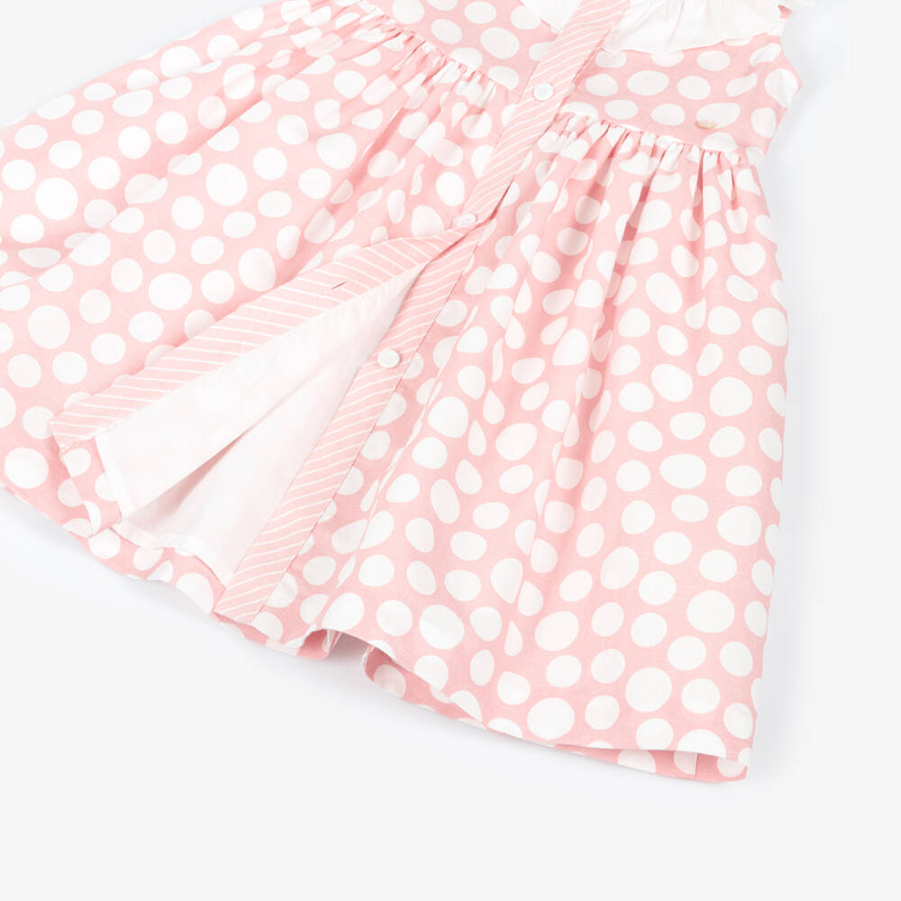Piccola Speranza-Girls Pink Linen & Cotton Dress with White Polka Dots | Childrensalon