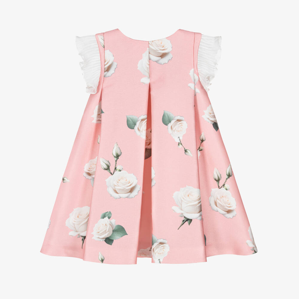 Piccola Speranza-Girls Pink Satin Twill Dress with Roses & Pleated Ruffles | Childrensalon
