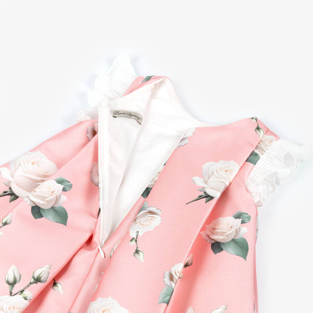 Piccola Speranza-Girls Pink Satin Twill Dress with Roses & Pleated Ruffles | Childrensalon