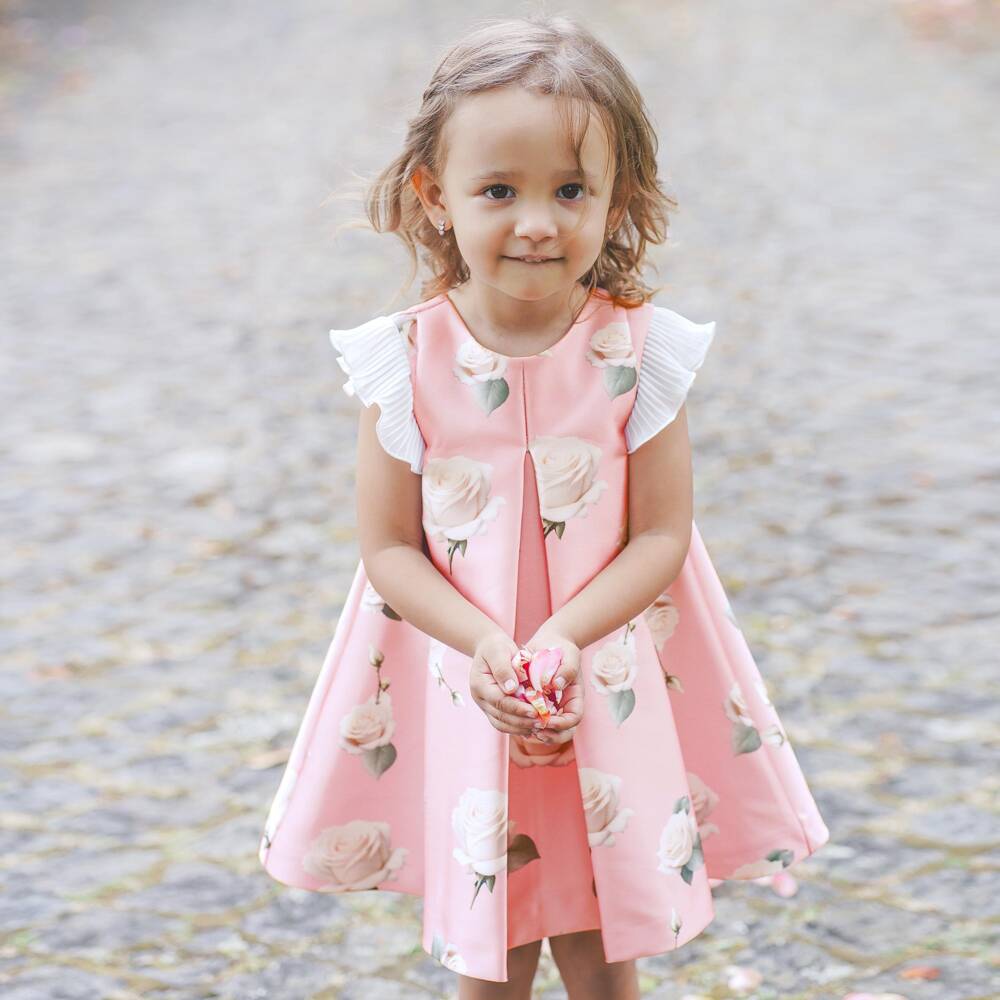Piccola Speranza-فستان ساتان تويل مزين بورود وكشكش لون زهري | Childrensalon