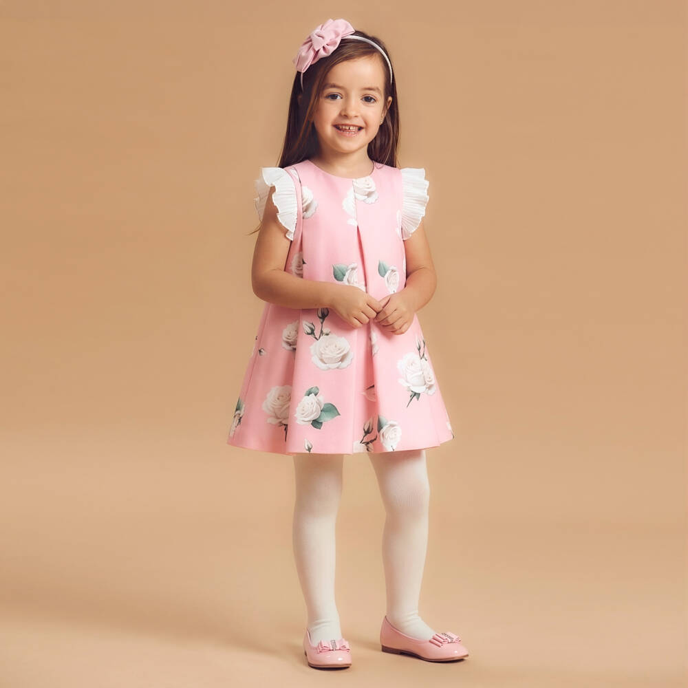 Piccola Speranza-Платье розовое из атласа с розами и рюшами плиссе для девочек | Childrensalon