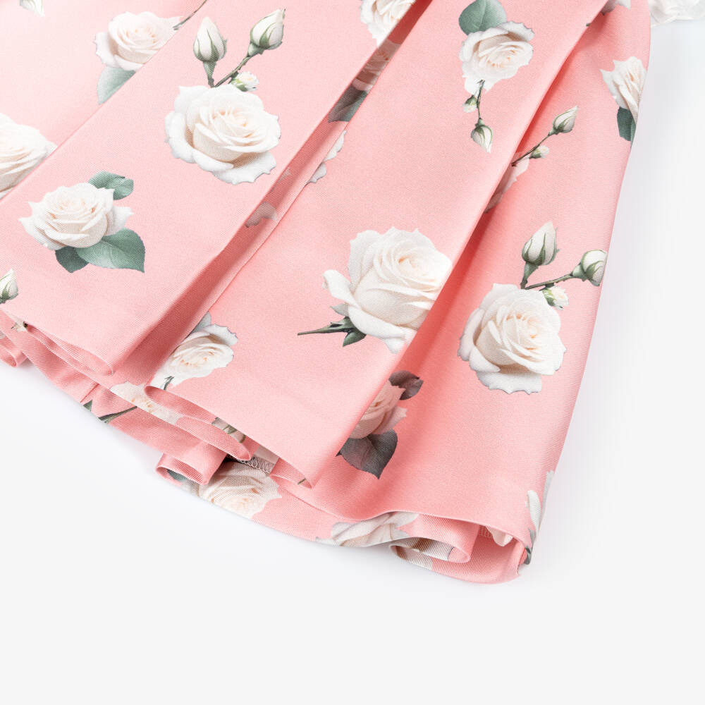 Piccola Speranza-Girls Pink Satin Twill Dress with Roses & Pleated Ruffles | Childrensalon