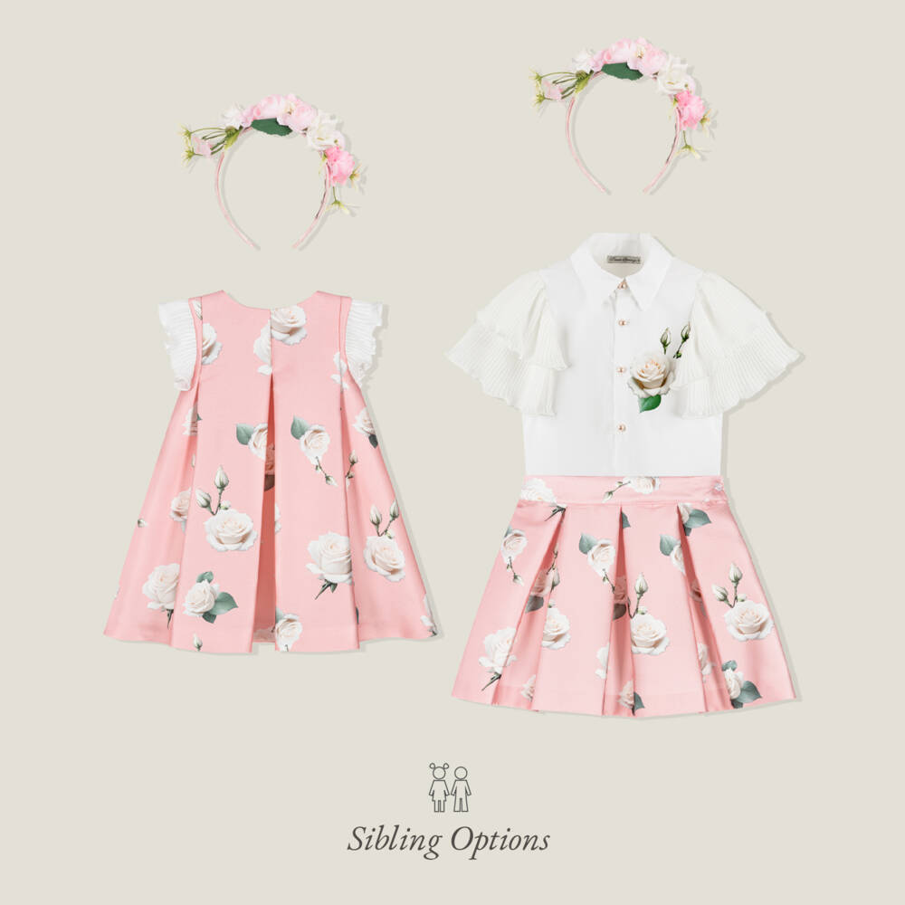 Piccola Speranza-Girls Pink Satin Twill Dress with Roses & Pleated Ruffles | Childrensalon