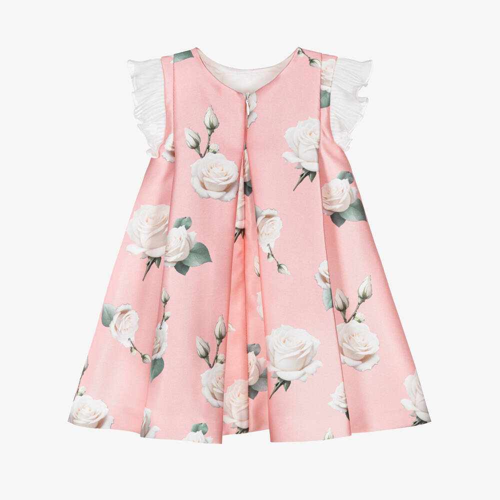 Piccola Speranza-Girls Pink Satin Twill Dress with Roses & Pleated Ruffles | Childrensalon