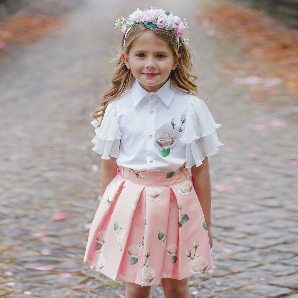 Piccola Speranza-Girls Pink Satin Twill Skirt with Roses & Box Pleats | Childrensalon