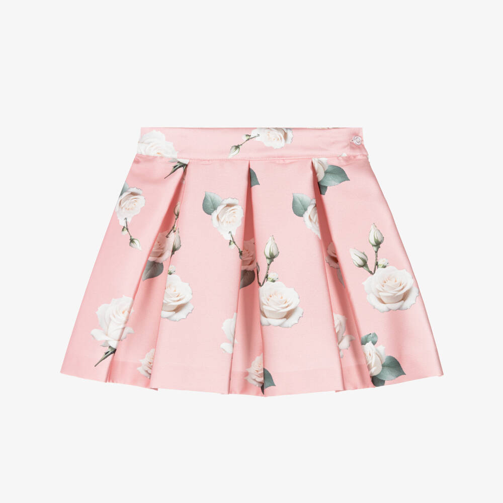 Piccola Speranza-Girls Pink Satin Twill Skirt with Roses & Box Pleats | Childrensalon