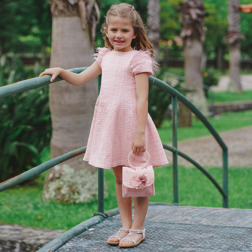 Piccola Speranza-Girls Pink Shimmery Tweed Dress with Feather Trims | Childrensalon