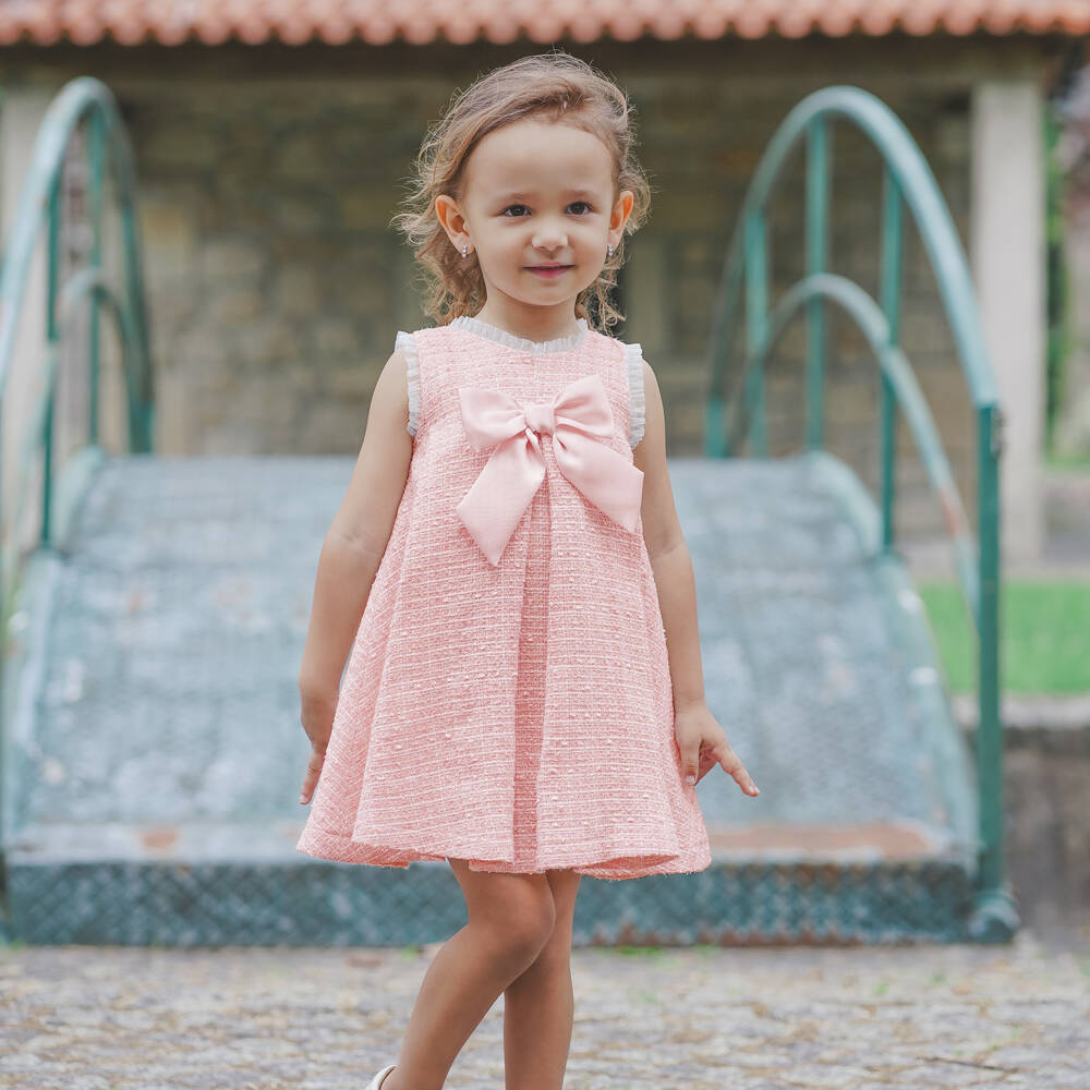 Piccola Speranza-Girls Pink Sparkly Tweed Dress with Satin Bow | Childrensalon