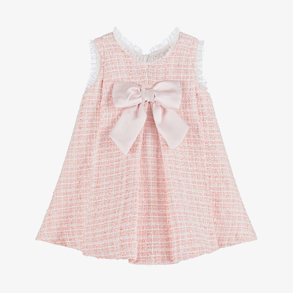 Piccola Speranza-Girls Pink Sparkly Tweed Dress with Satin Bow | Childrensalon