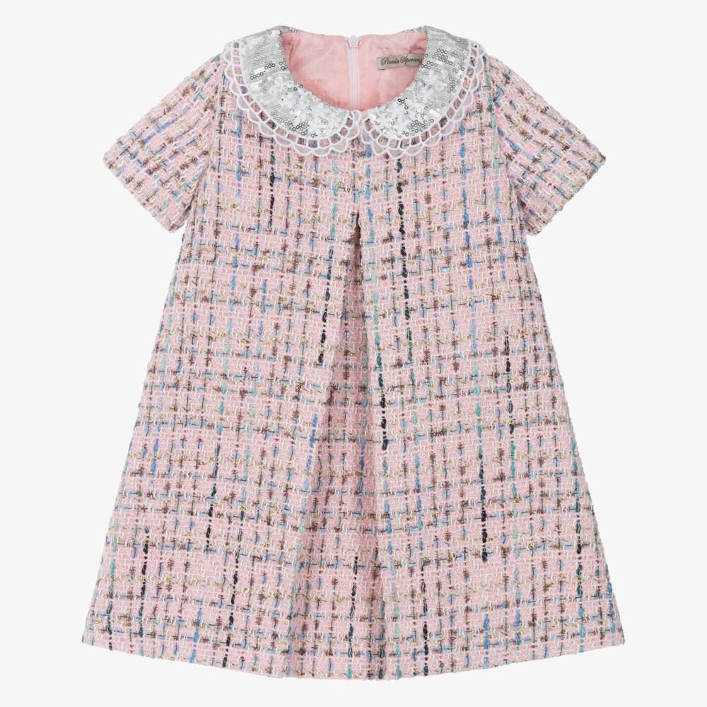 Piccola Speranza-Girls Pink Tweed Dress with Velvet Bow Brooch & Sequin Collar | Childrensalon
