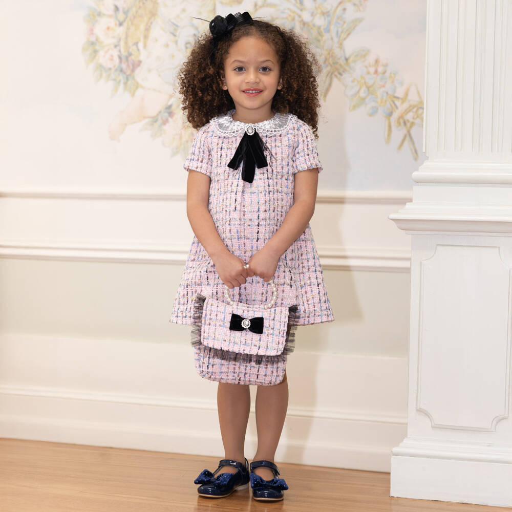 Piccola Speranza-Girls Pink Tweed & Tulle Trim Handbag (19cm)  | Childrensalon