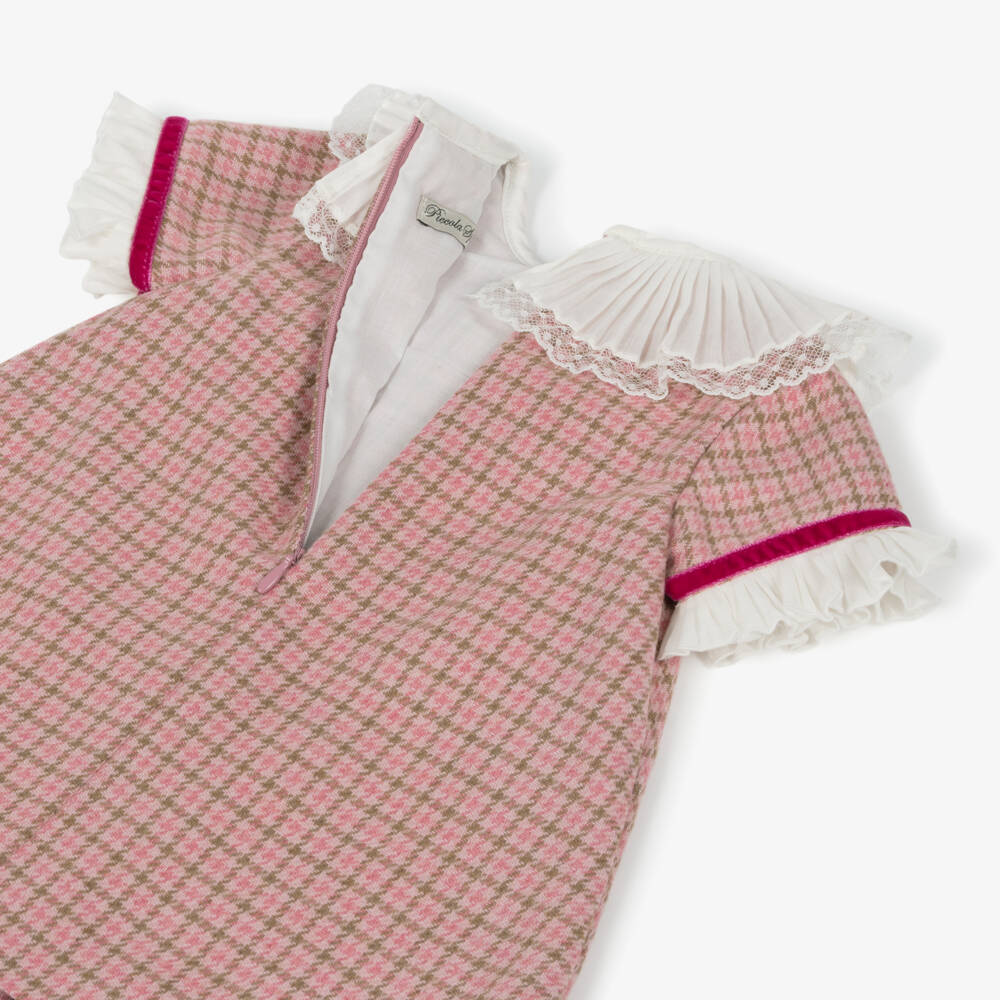 Piccola Speranza-Girls Pink Wool Houndstooth Dress with Ruffle Collar | Childrensalon