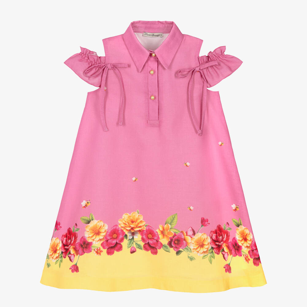 Piccola Speranza-Girls Pink & Yellow Floral & Bee Print Dress | Childrensalon