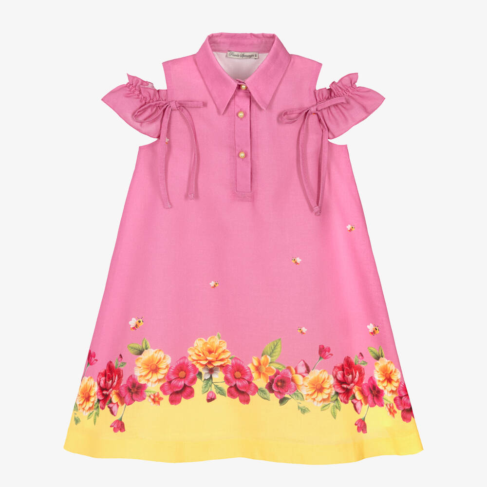 Piccola Speranza-Girls Pink & Yellow Floral & Bee Print Dress | Childrensalon