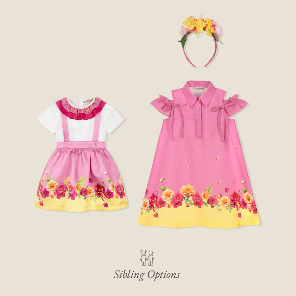 Piccola Speranza-Girls Pink & Yellow Floral & Bee Print Dress | Childrensalon
