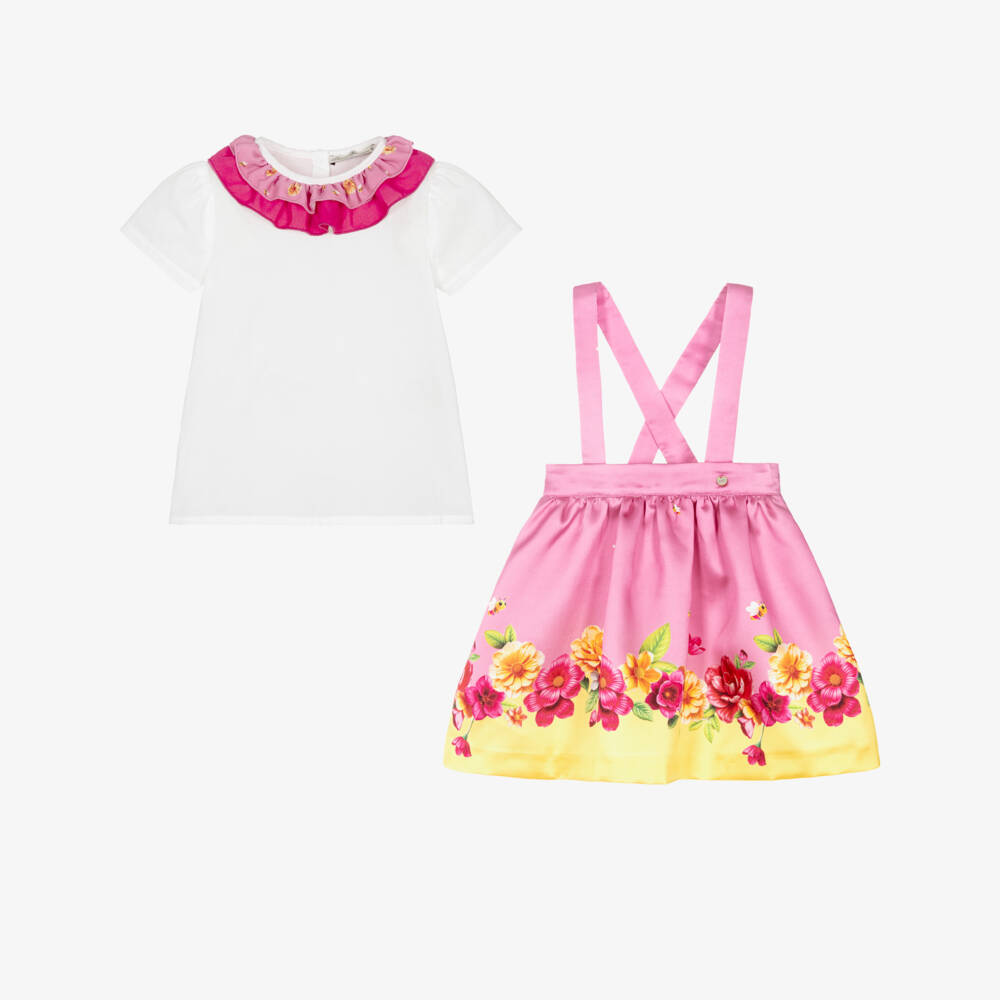 Piccola Speranza-Girls Pink & Yellow Floral Satin Twill Skirt Set | Childrensalon