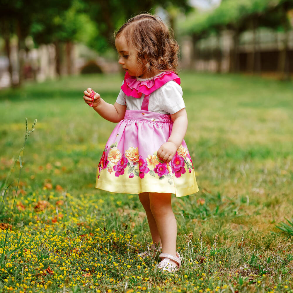 Piccola Speranza-طقم تنورة ساتان بطبعة ورود لون زهري وأصفر للبنات | Childrensalon