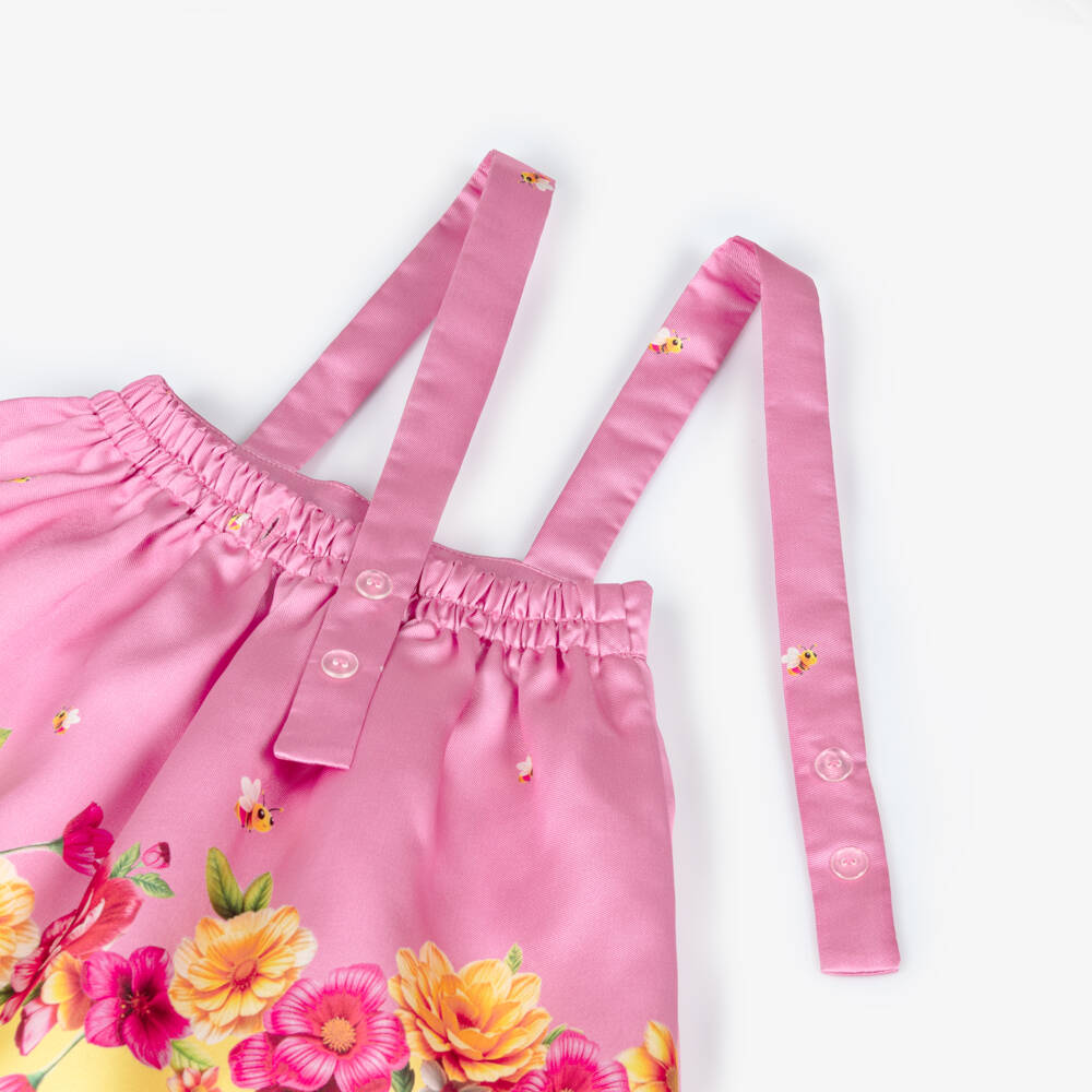 Piccola Speranza-Girls Pink & Yellow Floral Satin Twill Skirt Set | Childrensalon