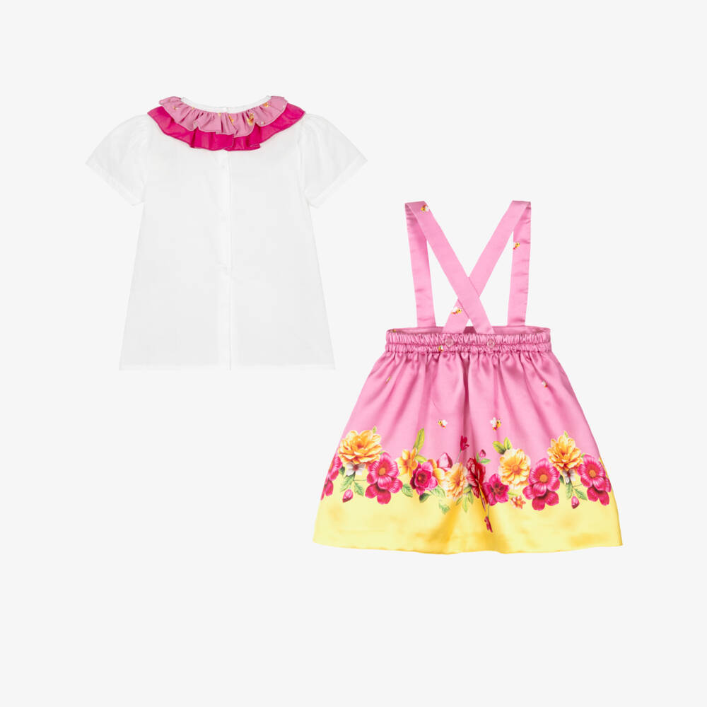 Piccola Speranza-Girls Pink & Yellow Floral Satin Twill Skirt Set | Childrensalon
