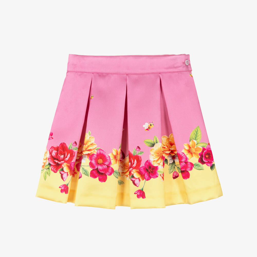 Piccola Speranza-Girls Pink & Yellow Floral Satin Twill Skirt with Box Pleats | Childrensalon