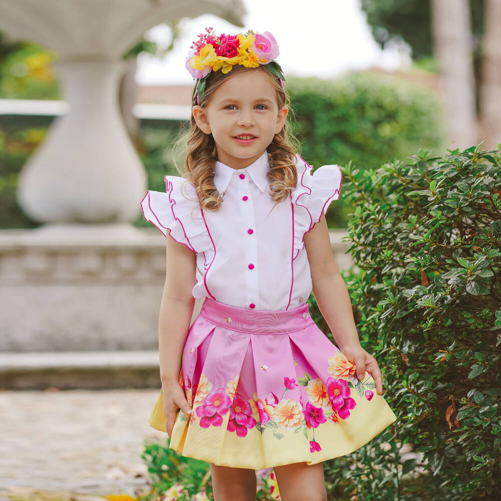 Piccola Speranza-Girls Pink & Yellow Floral Satin Twill Skirt with Box Pleats | Childrensalon