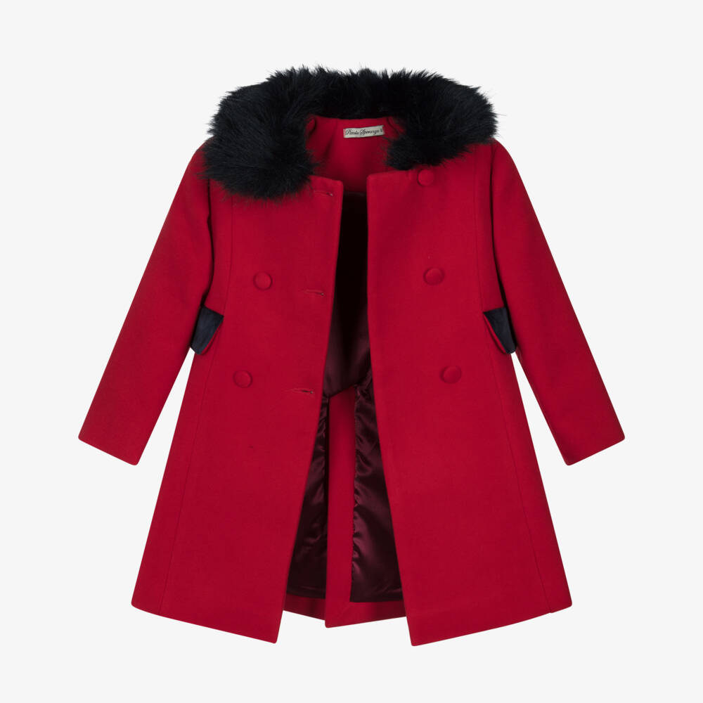 Piccola Speranza-Girls Red Felted Coat with Faux Fur Collar | Childrensalon