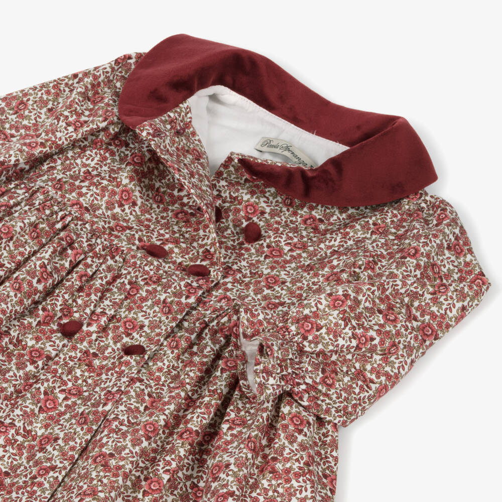 Piccola Speranza-Girls Red Floral Cotton Dress with Velvet Collar | Childrensalon