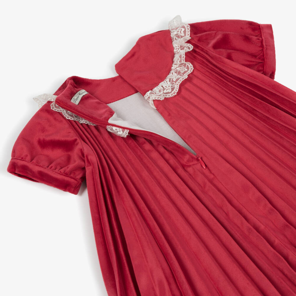 Piccola Speranza-Girls Red Pleated Velvet Dress with Lace Trim | Childrensalon