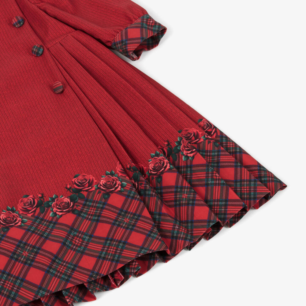 Piccola Speranza-Girls Red Tartan & Knitted Print Pleated Dress | Childrensalon