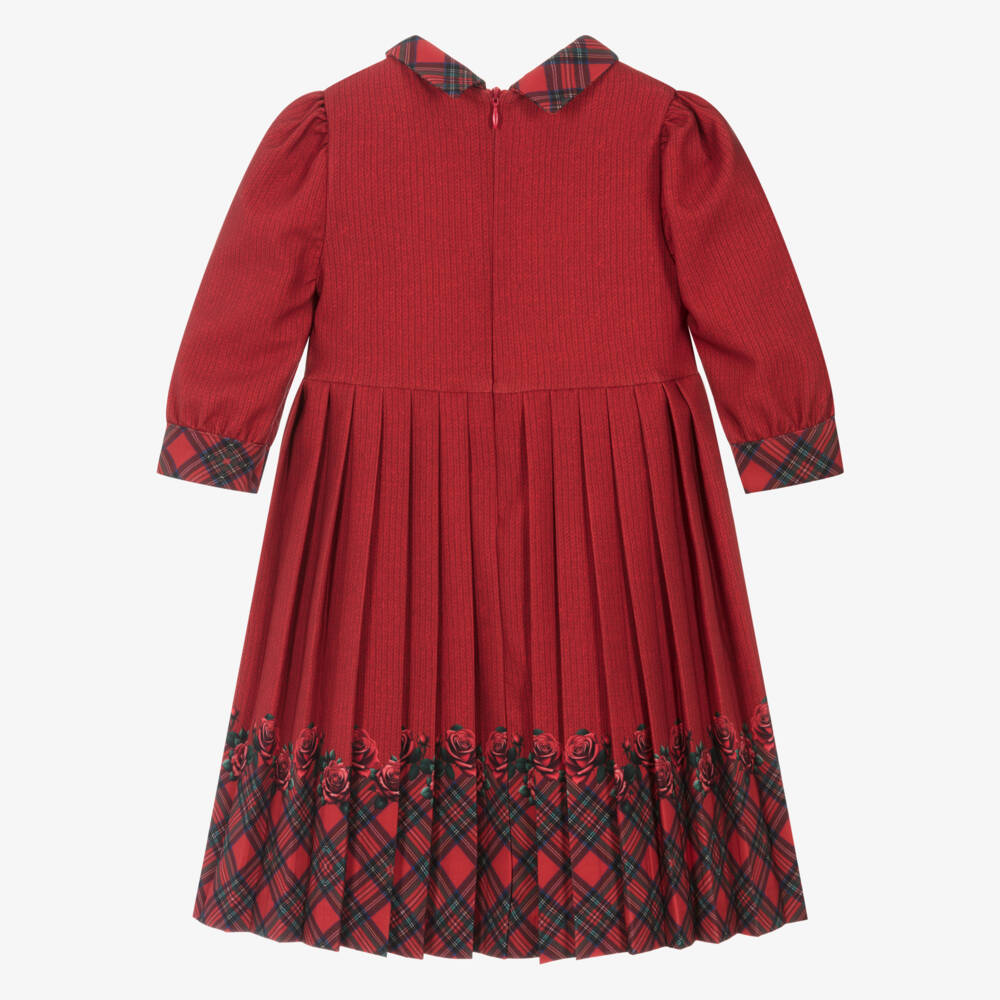 Piccola Speranza-Girls Red Tartan & Knitted Print Pleated Dress | Childrensalon