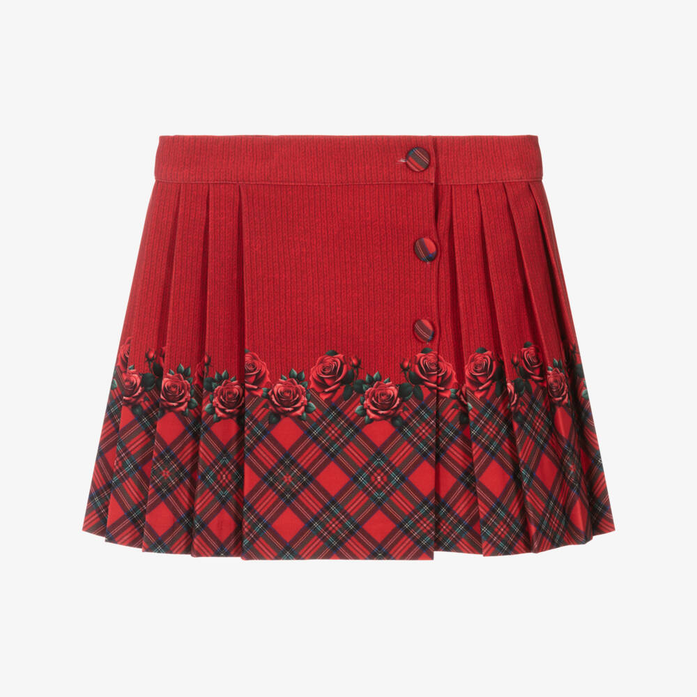 Piccola Speranza-Girls Red Tartan & Rose Print Pleated Skirt | Childrensalon