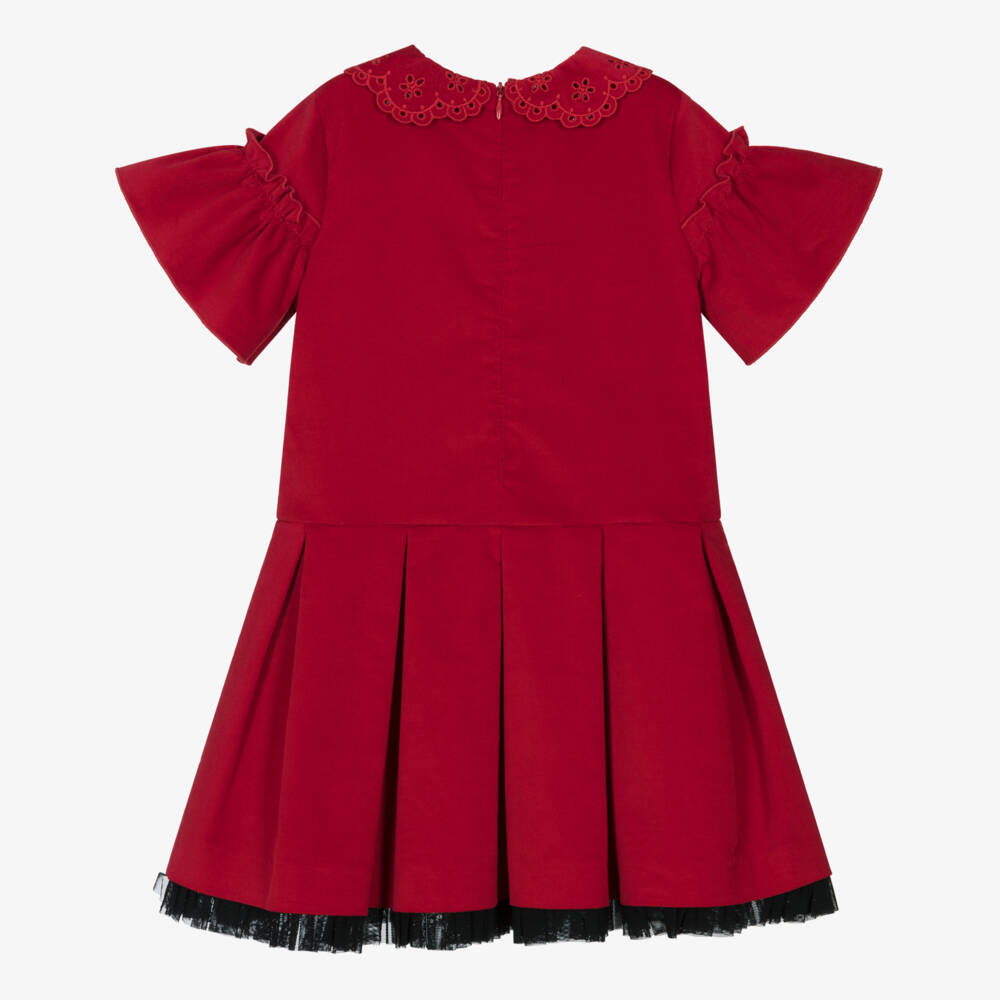 Piccola Speranza-Платье красное из бархата с черной брошью из гросгрейна | Childrensalon