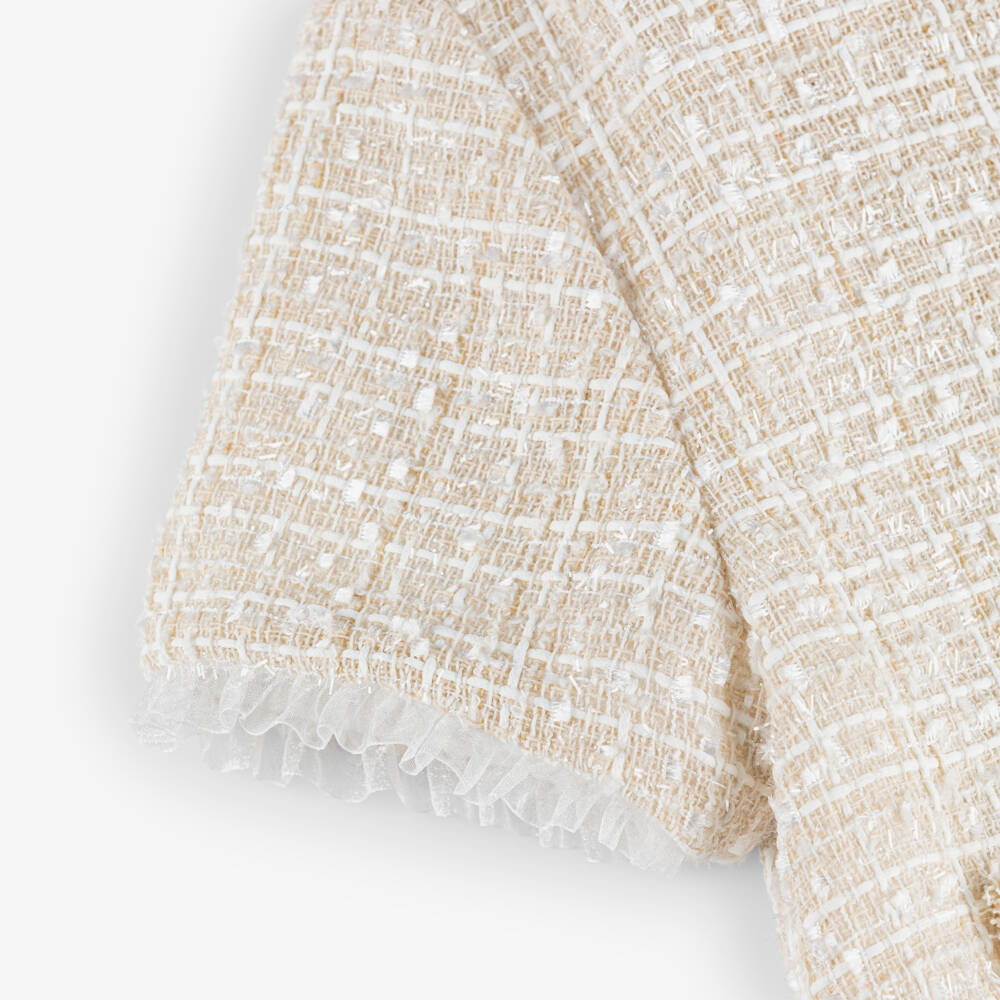 Piccola Speranza-Girls Shimmery Beige Tweed Jacket with Pearl Buttons | Childrensalon