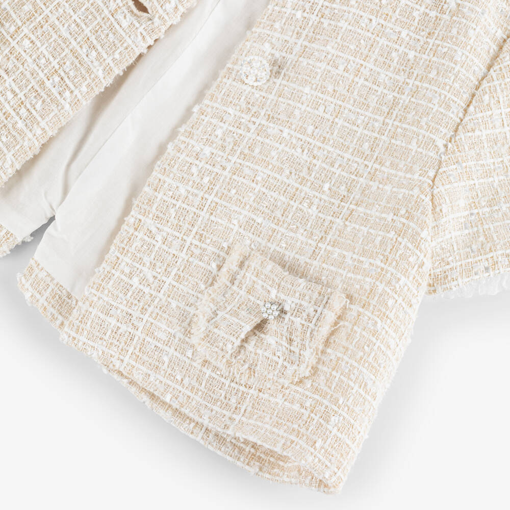 Piccola Speranza-Girls Shimmery Beige Tweed Jacket with Pearl Buttons | Childrensalon