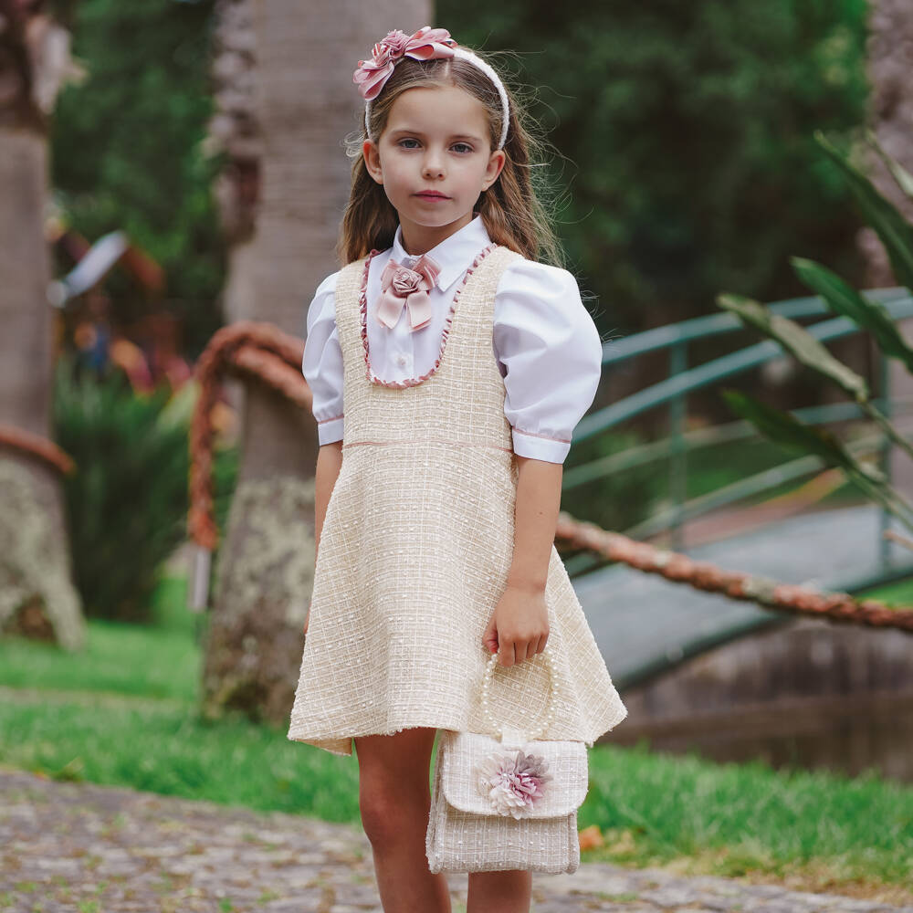 Piccola Speranza-Girls Shimmery Beige Tweed Pinafore Dress Set | Childrensalon
