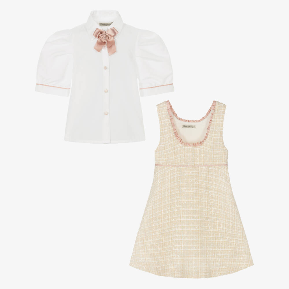 Piccola Speranza-طقم فستان بينافور تويد لون بيج لامع للبنات | Childrensalon