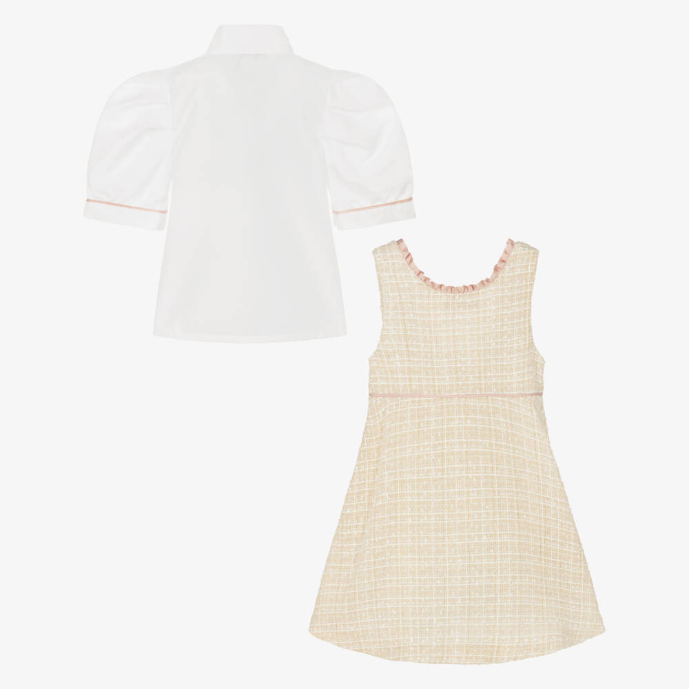 Piccola Speranza-طقم فستان بينافور تويد لون بيج لامع للبنات | Childrensalon