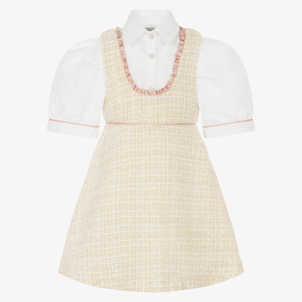 Piccola Speranza-طقم فستان بينافور تويد لون بيج لامع للبنات | Childrensalon