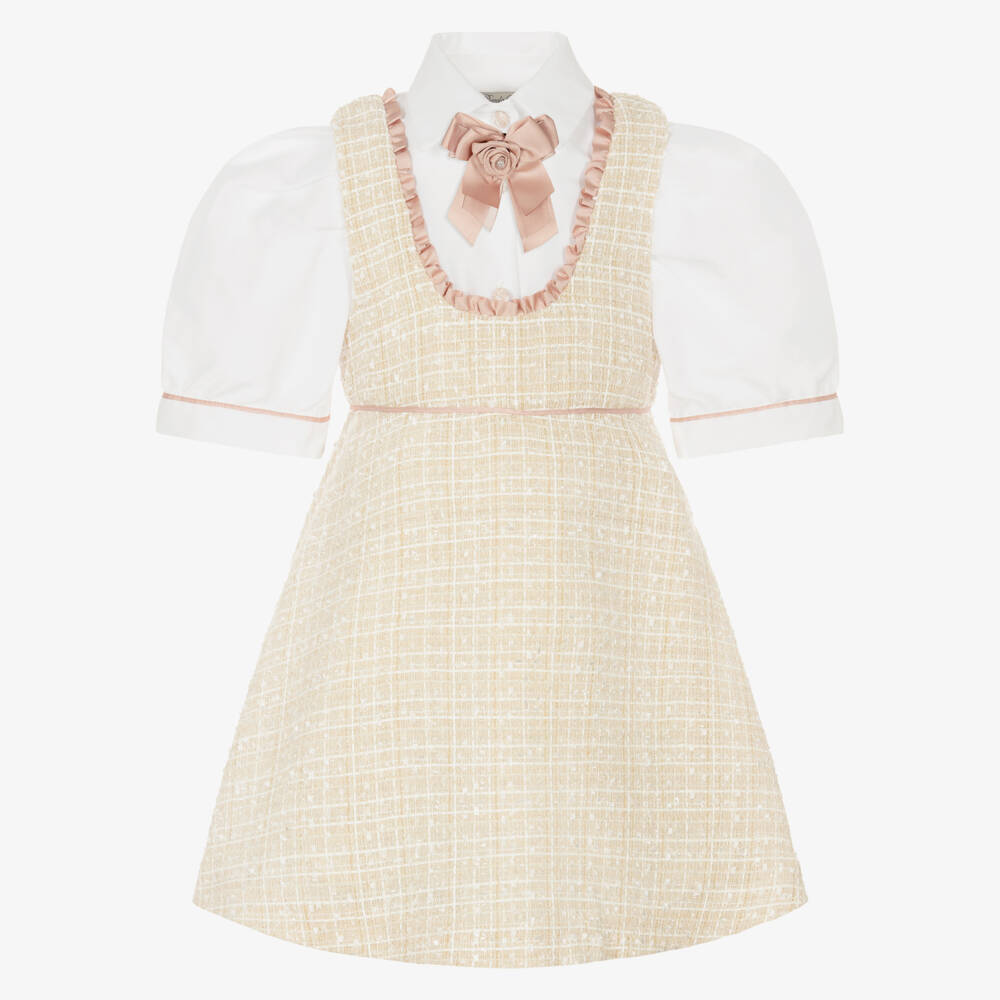 Piccola Speranza-Girls Shimmery Beige Tweed Pinafore Dress Set | Childrensalon
