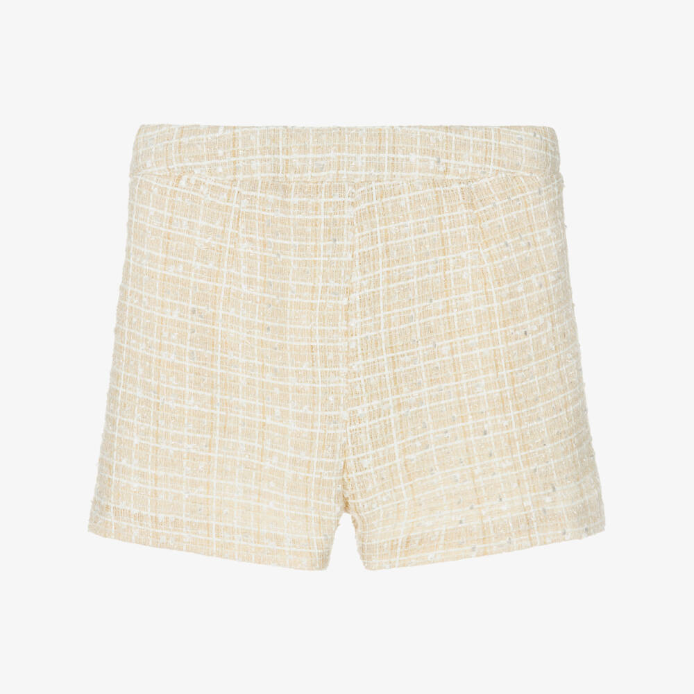 Piccola Speranza-شورت تويد بأزرار لؤلؤية لون بيج لامع للبنات | Childrensalon